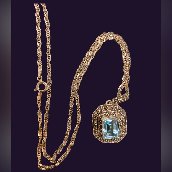 link chain SS bracelet and matching necklace with large blue topaz pendant - Picture 2 of 3